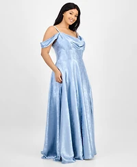 B Darlin Trendy Plus Off-The-Shoulder Satin Jacquard Gown