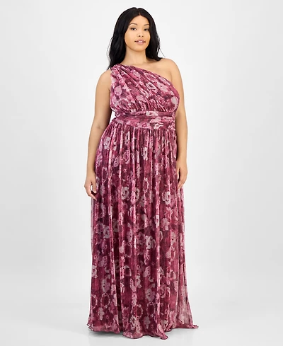 B Darlin Trendy Plus Printed One-Shoulder Gown