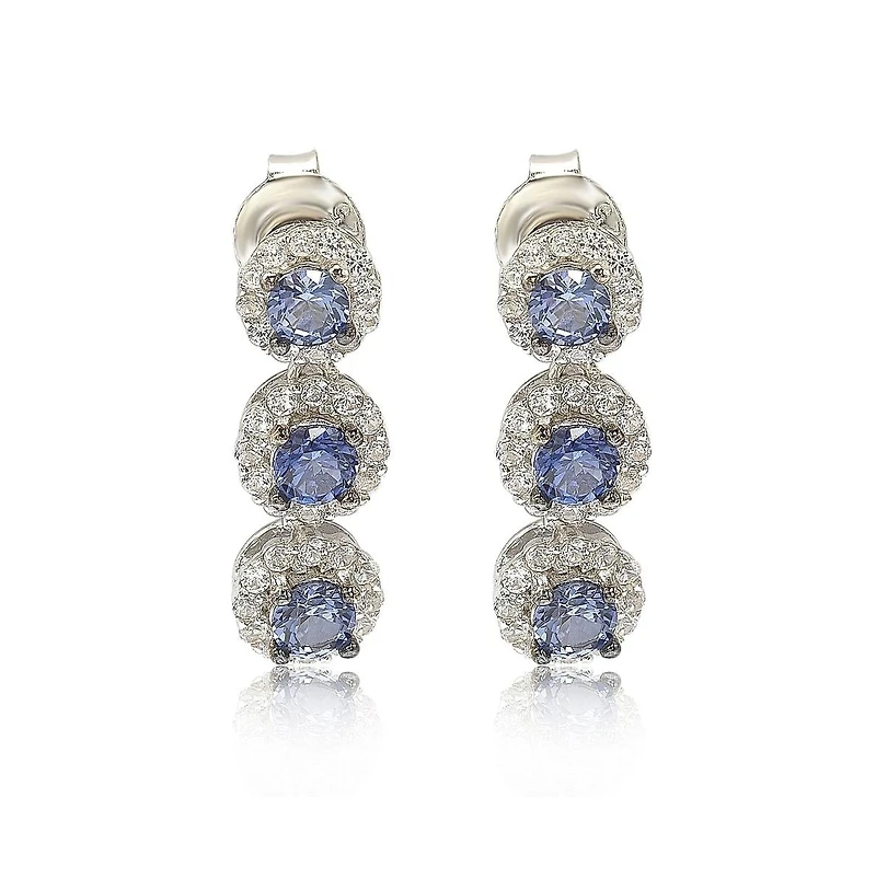 Suzy Levian New York Sterling Silver Sapphire & Created White Halo Triple Drop Dangle Earrings