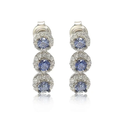 Suzy Levian New York Sterling Silver Sapphire & Created White Halo Triple Drop Dangle Earrings