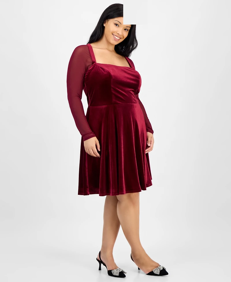 City Studios Trendy Plus Mesh-Sleeve Velvet Fit & Flare Dress