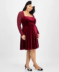 City Studios Trendy Plus Mesh-Sleeve Velvet Fit & Flare Dress