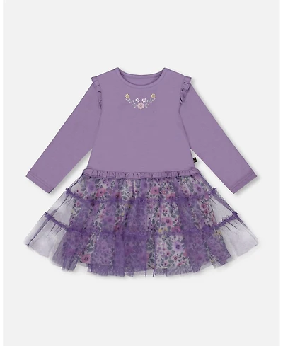 Deux par Girl Bi-Material Dress with Muslin and Mesh Skirt Purple Gray