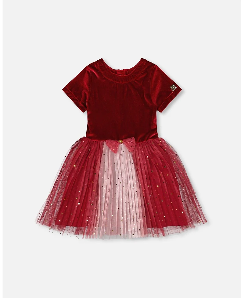 Deux par Girl Bi-Material Short Sleeve Party Dress Red