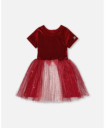 Deux par Girl Bi-Material Short Sleeve Party Dress Red