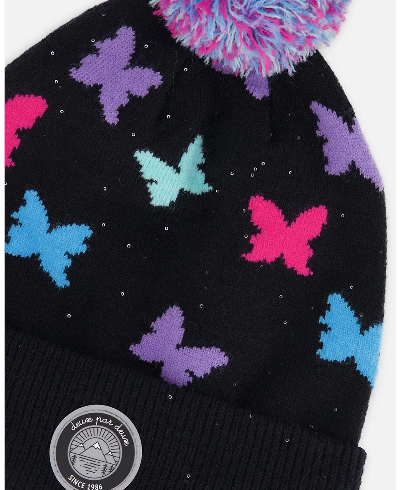 Deux par Girl Lined Knit Pompom Hat Black Butterfly Pattern - Toddler|Child