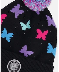Deux par Girl Lined Knit Pompom Hat Black Butterfly Pattern - Toddler|Child