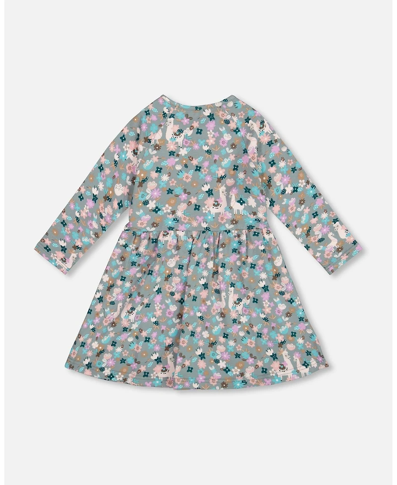 Deux par Toddler Girls Half Button Cotton Dress Blue Llama Print - Toddler|Child