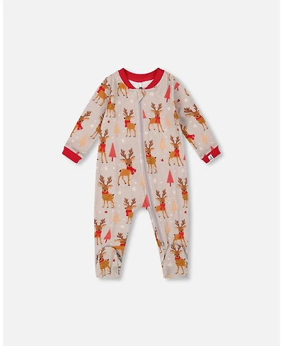 Deux par Baby Boy One-Piece Cotton Pajama Beige Reindeer Print