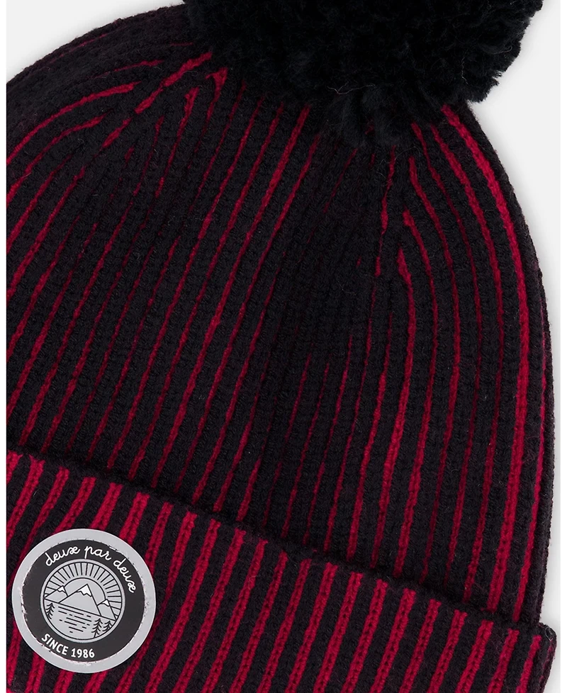 Deux par Boy Lined Knit Pompom Hat Red and Black - Toddler|Child