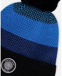 Deux par Boy Winter Knit Hat with Pompom and Lining Black Blue - Toddler|Child