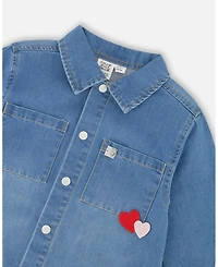 Deux par Girl Denim Shirt Light Blue with Patch Pockets and Apple - Child