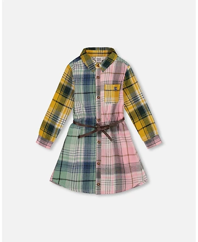 Deux par Big Girls Shirt Dress with Belt Green Pink and Yellow