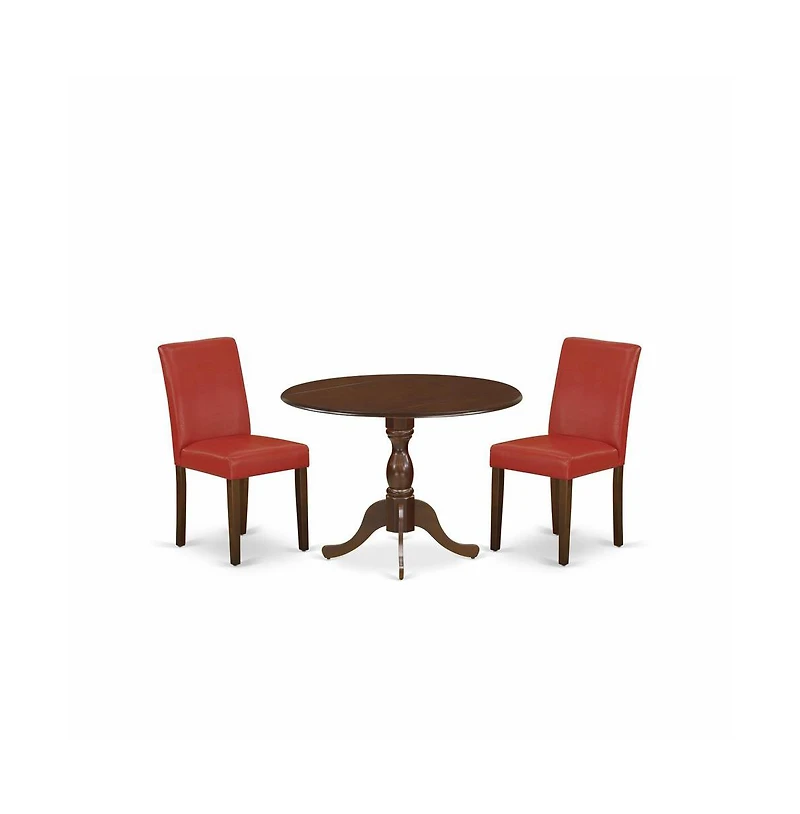 East West Furniture 3 Piece Kitchen Table Set Includes 1 Drop Leaves Dining Room Table and 2 Firebrick Red Pu Leather Upholstered Chair with High Back