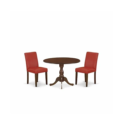 East West Furniture 3 Piece Kitchen Table Set Includes 1 Drop Leaves Dining Room Table and 2 Firebrick Red Pu Leather Upholstered Chair with High Back