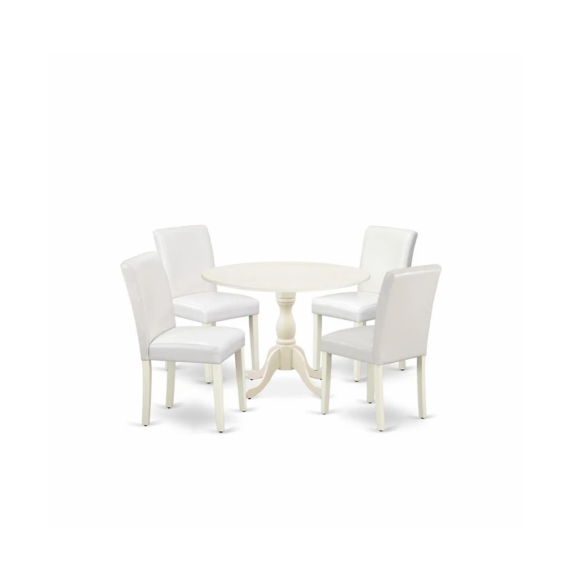 East West Furniture 5 Piece Dinning Room Table Set Contains 1 Drop Leaves Wooden Table and 4 White Pu Leather Upholstered Chair with High Back