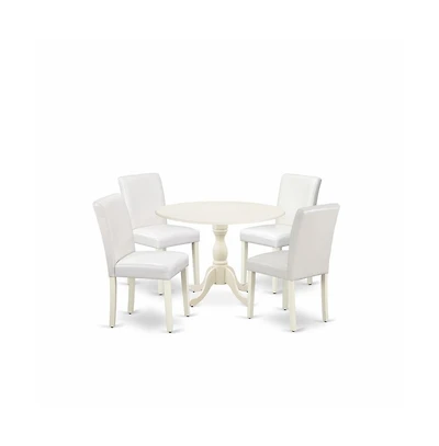 East West Furniture 5 Piece Dinning Room Table Set Contains 1 Drop Leaves Wooden Table and 4 White Pu Leather Upholstered Chair with High Back
