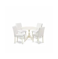 East West Furniture 5 Piece Dinning Room Table Set Contains 1 Drop Leaves Wooden Table and 4 White Pu Leather Upholstered Chair with High Back