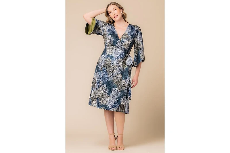 Kiyonna Plus Gemini Wrap Dress with Contrast Lined Sleeves