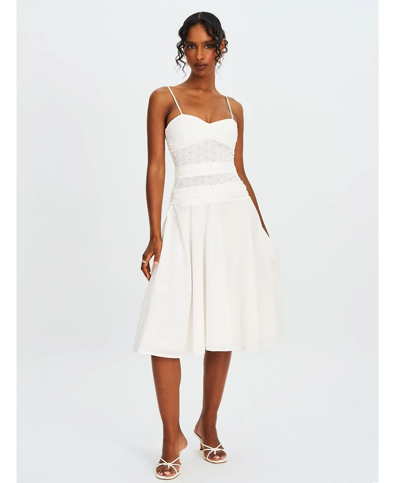 Miss Circle Women's Maelis White Eyelet Drop Waist Cotton Midi Dress