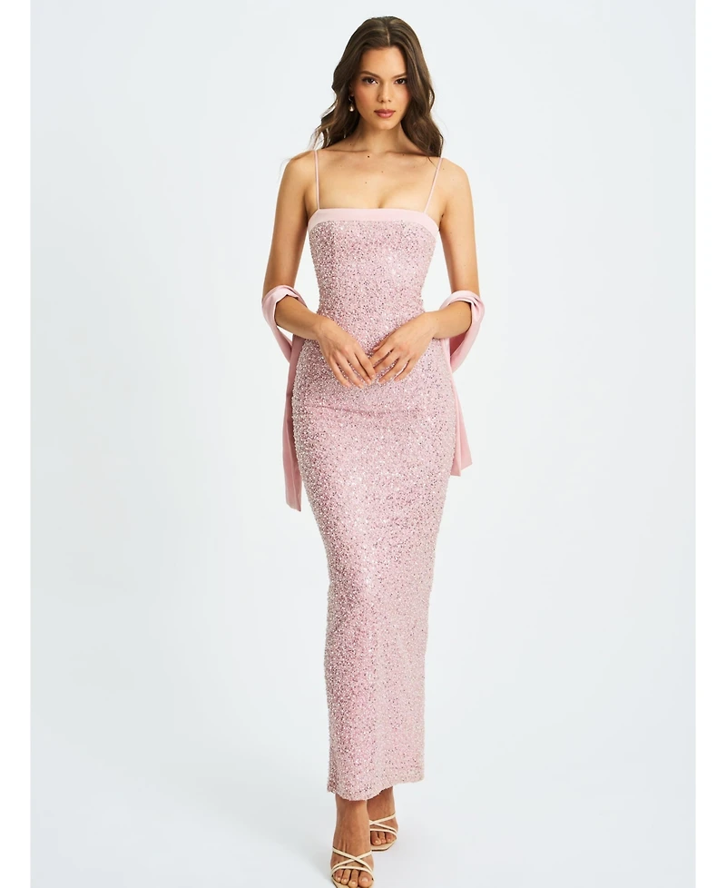 Miss Circle Women Raizel Pink Beaded Sequin Bodycon Gown with Scarf