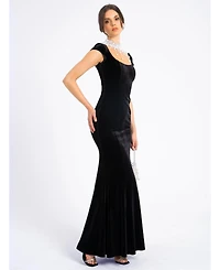 Miss Circle Women Rachael Black Velvet Pearl Embellished Gown