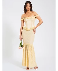 Miss Circle Women's Ersilia Pale Yellow Satin Lace Peplum Corset Off Shoulder Maxi Dress