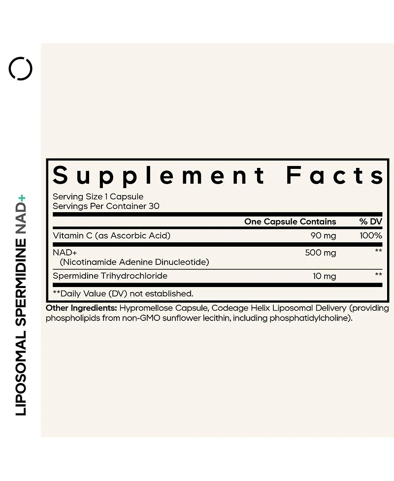 Codeage Liposomal Spermidine Nad+ Spermidine Supplement - 500 Mg Nad+ Vitamin C - Nicotinamide Adenine Dinucleotide Pills