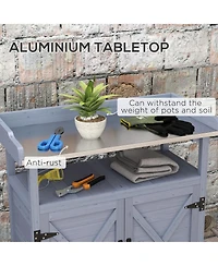 Outsunny Outdoor Potting Bench with Storage, Wheels, Natural Wood