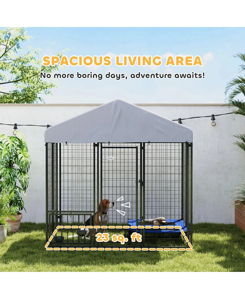 PawHut 5.9' x 4' x 6' Outdoor Dog Kennel with Rotating & Adjustable Bowls