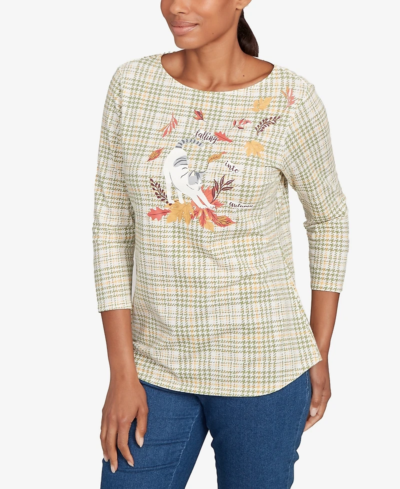 Ruby Rd. Petite Autumn Cat Houndstooth Top