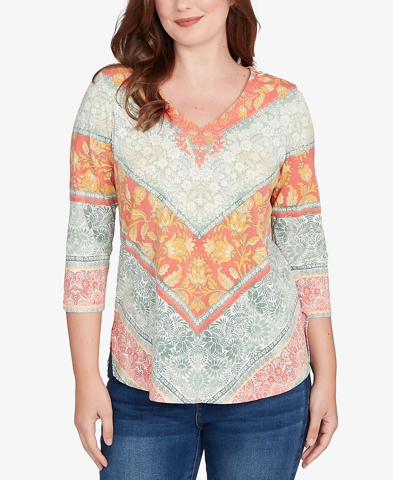 Ruby Rd. Petite Embellished Floral Chevron Knit Top