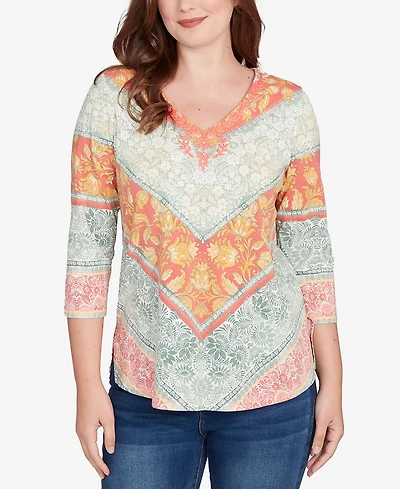 Ruby Rd. Petite Embellished Floral Chevron Knit Top