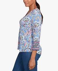 Ruby Rd. Petite Stripe Trim Paisley Henley Top