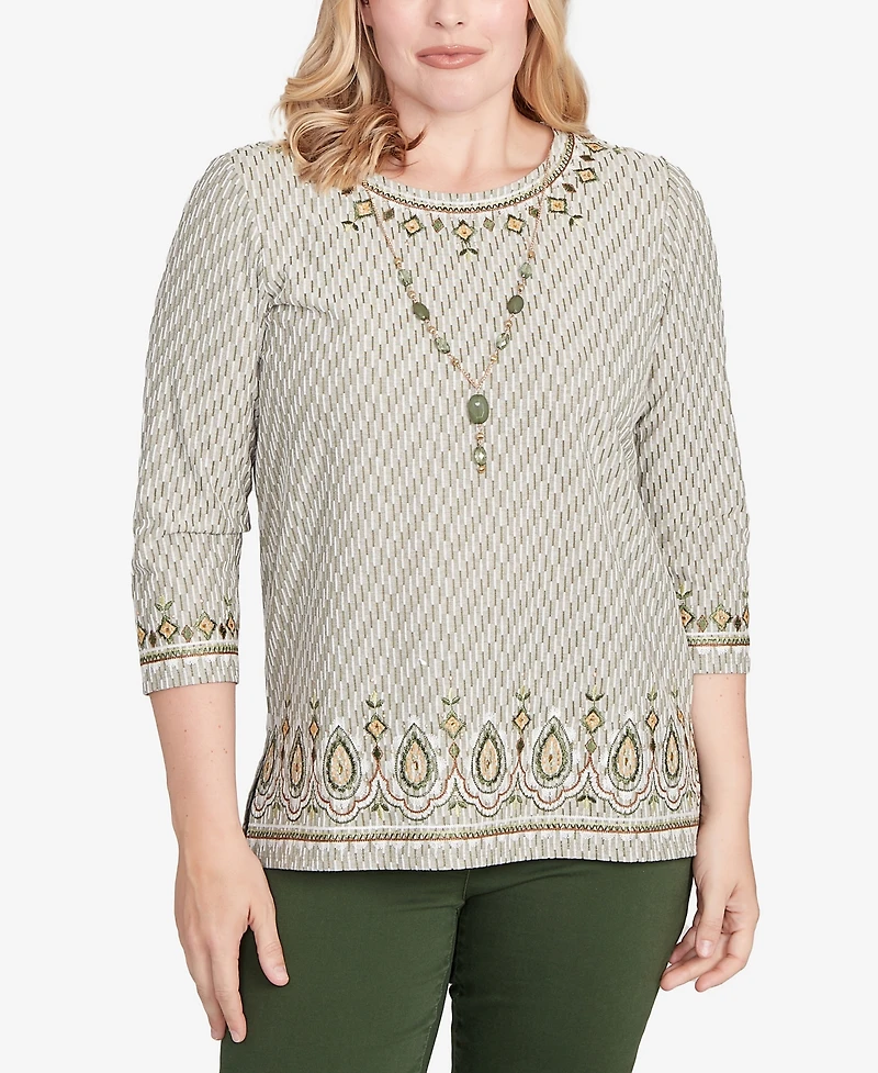 Alfred Dunner Petite Mount Laurel Textured Medallion Border Top with Necklace