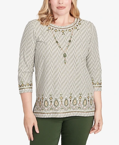 Alfred Dunner Petite Mount Laurel Textured Medallion Border Top with Necklace