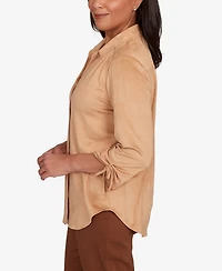 Alfred Dunner Petite Mount Laurel Button Front Faux Suede Top
