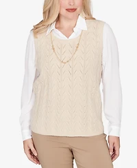 Alfred Dunner Petite Urban Legend Pointelle Texture Two One Sweater with Necklace
