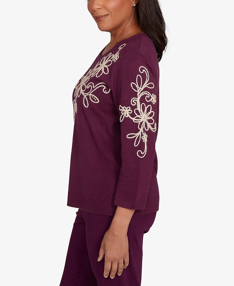 Alfred Dunner Petite Urban Legend Diagonal Floral Embroidered Sweater