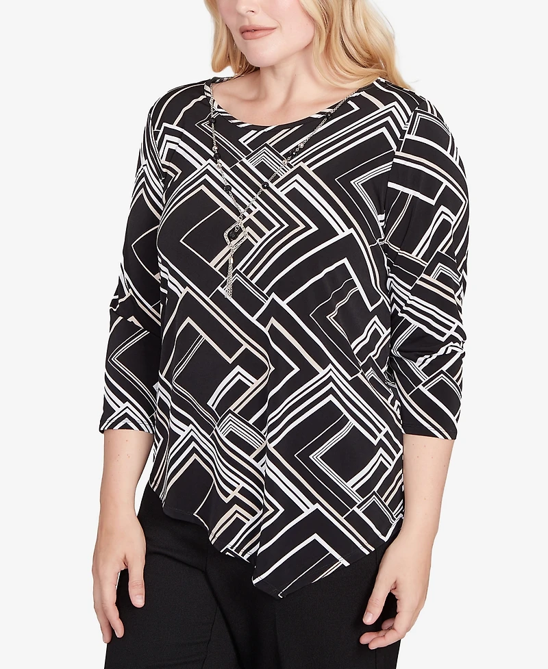Alfred Dunner Petite Geometric Textured Top with Necklace
