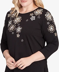 Alfred Dunner Petite Gold Floral Embroidered Three Quarter Sleeve Top
