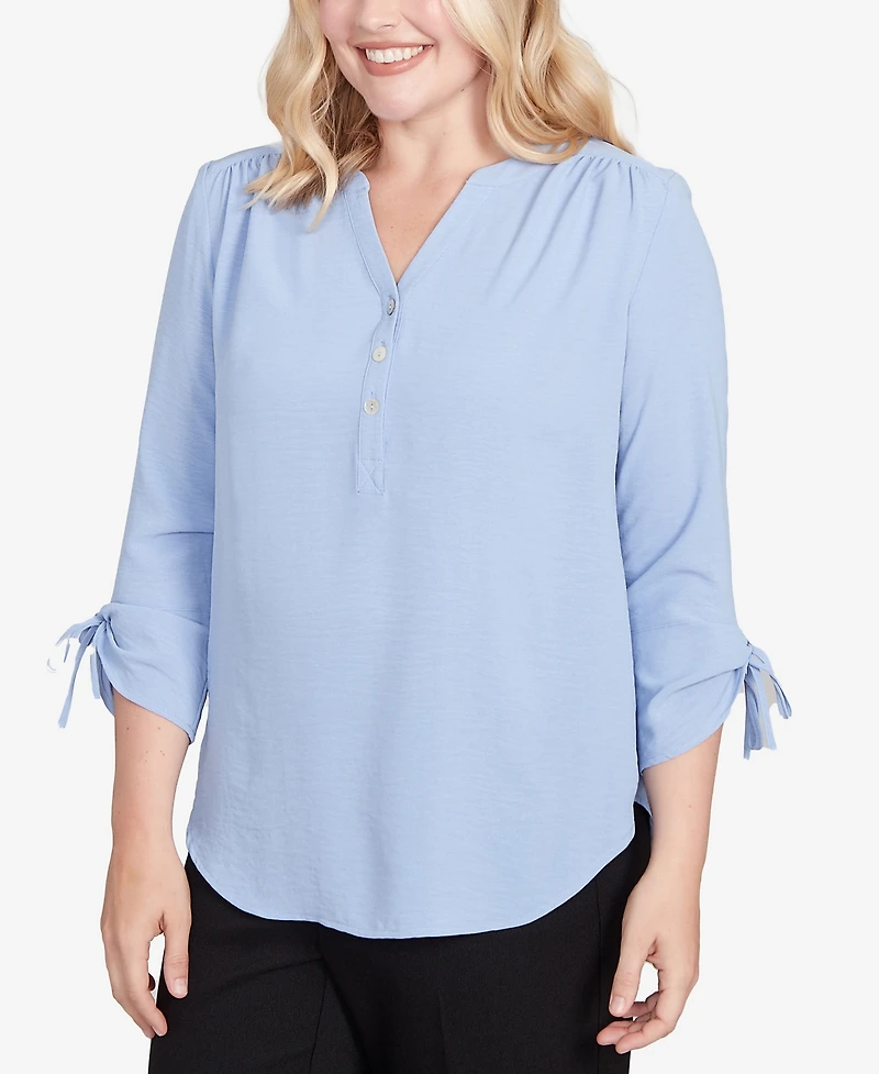 Alfred Dunner Petite Tie Sleeve Crinkle Textured Henley Top