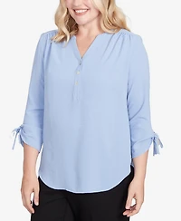 Alfred Dunner Petite Tie Sleeve Crinkle Textured Henley Top