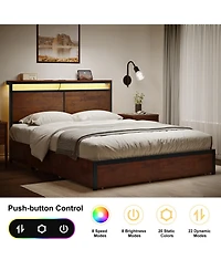 Hausource Modern Queen Bed Frame with Led Headboard, 4 Storage Drawers, No Box Spring Needed