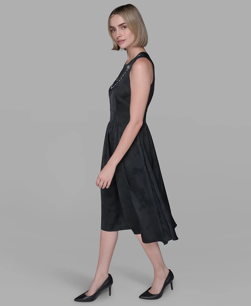 Karl Lagerfeld Paris Women's Embellished Jacquard Fit and Flare Dress