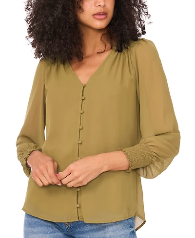 Sam & Jess Women's V-Neck Button-Front Smocked-Shoulder Top