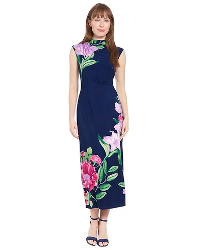 London Times Petite Placement-Print Jersey Sheath Dress