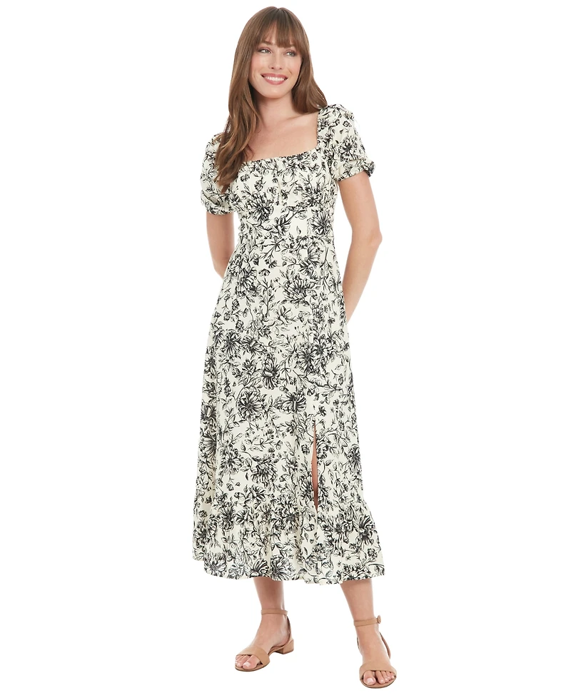London Times Petite Floral-Print Puff-Sleeve Midi Dress