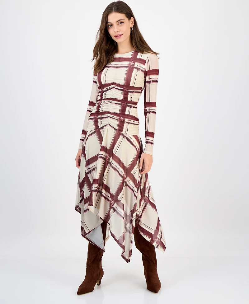 Rachel Roy Women's Jendice Mesh Plaid Print Midi Dress