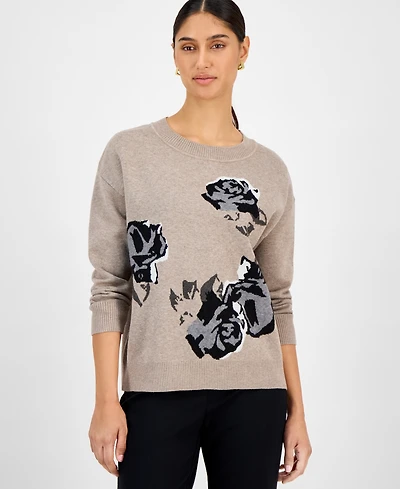 T Tahari Women's Rose-Print Crewneck Sweater